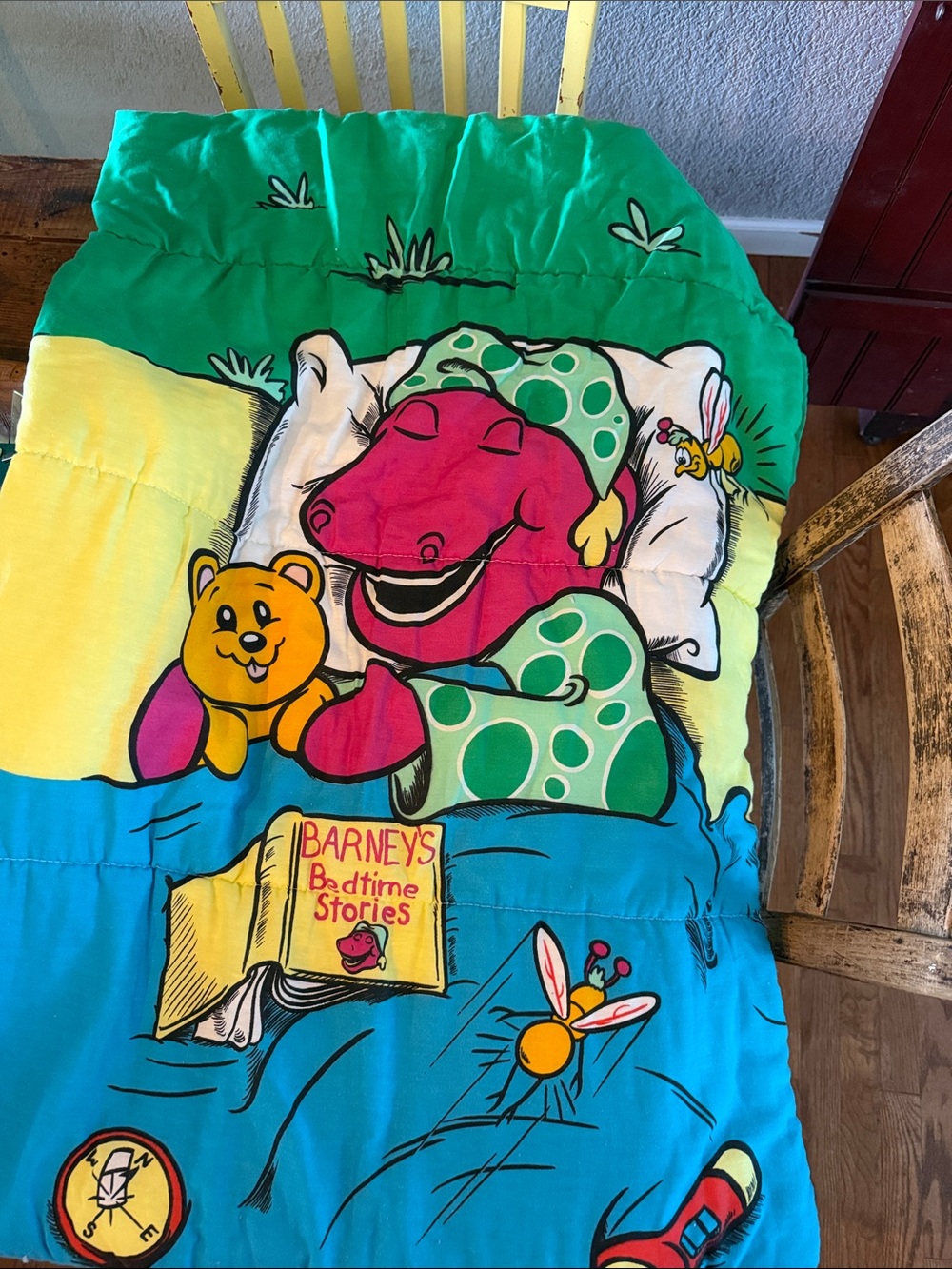 Vintage Barney Bright Green and Purple Kids Bedtime Sleeping Bag